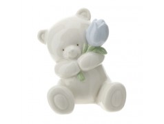 Bomboniera Hervit Orsetto in Porcellana Bianca con Tulipano Celeste