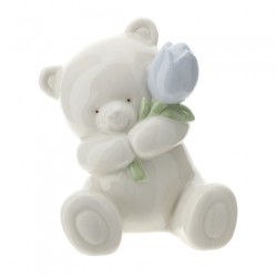 Bomboniera Hervit Orsetto in Porcellana Bianca con Tulipano Celeste