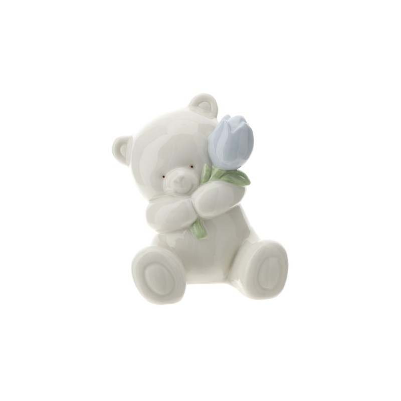 Bomboniera Hervit Orsetto in Porcellana Bianca con Tulipano Celeste