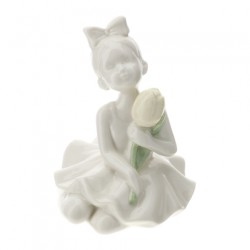 Bomboniera Hervit Bimba Ballerina Seduta in Porcellana Bianca con Tulipano Panna