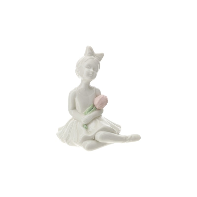 Bomboniera Hervit Bimba Ballerina Seduta in Porcellana Bianca con Tulipano Rosa