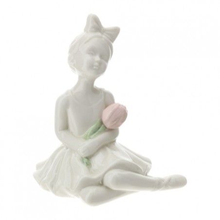 Bomboniera Hervit Bimba Ballerina Seduta in Porcellana Bianca con Tulipano Rosa