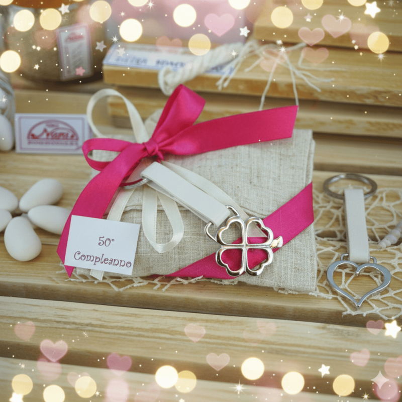 Bomboniera 50  Anni Porta chiavi  quadrifoglio e cuore