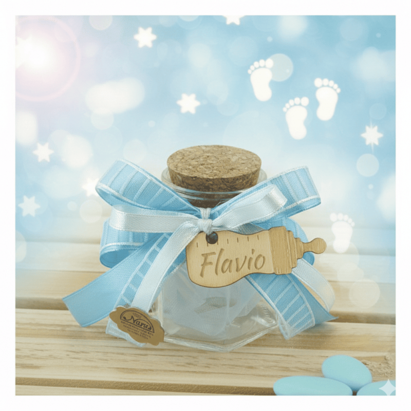 Bomboniera Battesimo Barattolini con biberon personalizzato
