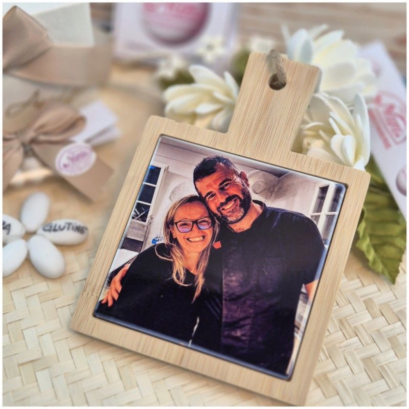 Bomboniera Matrimonio Tagliere in Bambù con Stampa Foto Personalizzata degli Sposi