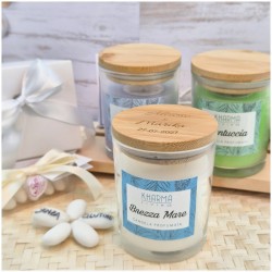 Bomboniera Matrimonio Candela Profumata Kharma Living in Vetro con Tappo Legno Personalizzato