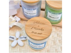 Bomboniera Matrimonio Candela Profumata Kharma Living in Vetro con Tappo Legno Personalizzato