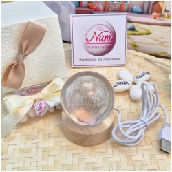 Bomboniera Lampada Sfera in Cristallo 3D con Mappamondo e Base Led USB