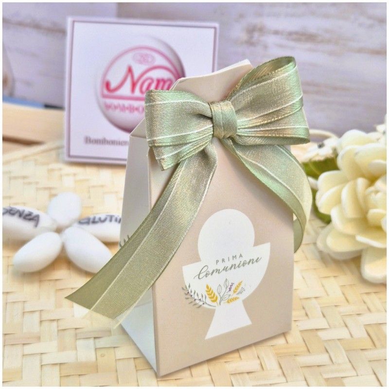 Bomboniera Comunione Astuccio Nature Chic con Stampa Calice e Maxi Fiocco Verde Salvia