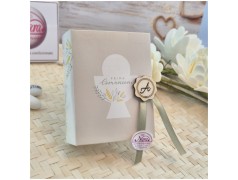 Bomboniera Comunione Scatolina a Libro Vangelo Nature con Stampa Calice e Iniziale in Legno