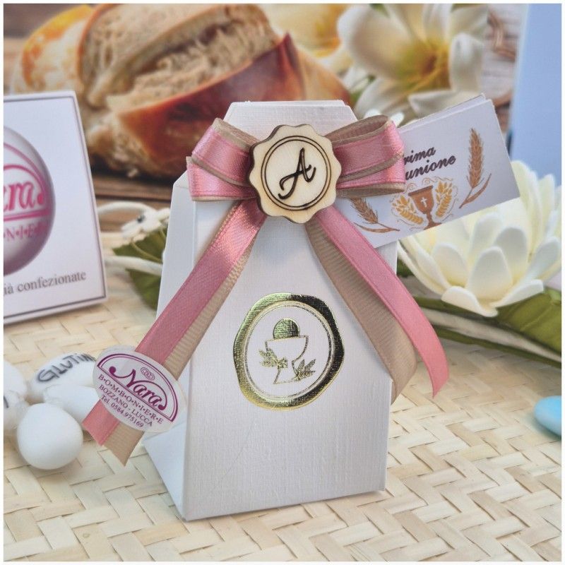 Bomboniera Comunione Bimba Scatolina Sigillo Oro con Iniziale in Legno (Ideale Segnaposto)