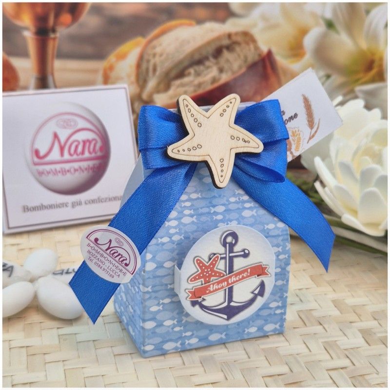 Bomboniera Comunione e Battesimo Scatolina Ahoy Tema Mare con Stella in Legno