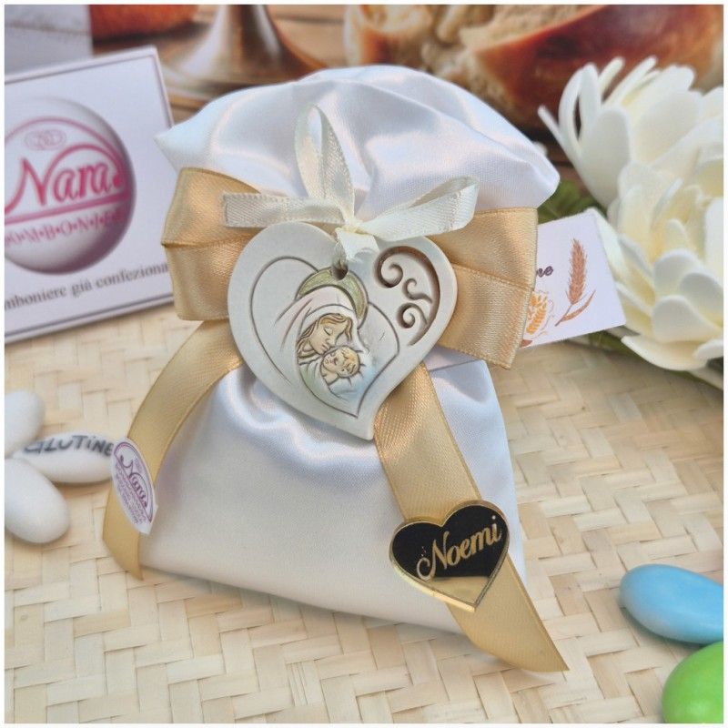 Bomboniera Battesimo e Comunione Sacchetto Maternità con Cuore Nome Oro