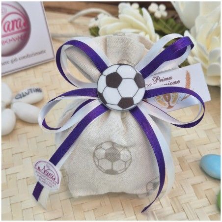 Bomboniera Prima Comunione Sacchetto Calcio "Tifoso Viola" con applicazione Pallone