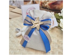 Bomboniera Comunione e Battesimo Sacchetto Lino Tema Mare con Stella in Legno e Nome Personalizzato