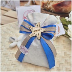 Bomboniera Comunione e Battesimo Sacchetto Lino Tema Mare con Stella in Legno e Nome Personalizzato