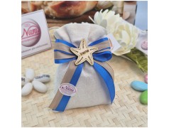 Bomboniera Comunione e Battesimo Sacchetto Lino Tema Mare con Stella in Legno e Nome Personalizzato