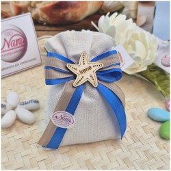 Bomboniera Comunione e Battesimo Sacchetto Lino Tema Mare con Stella in Legno e Nome Personalizzato