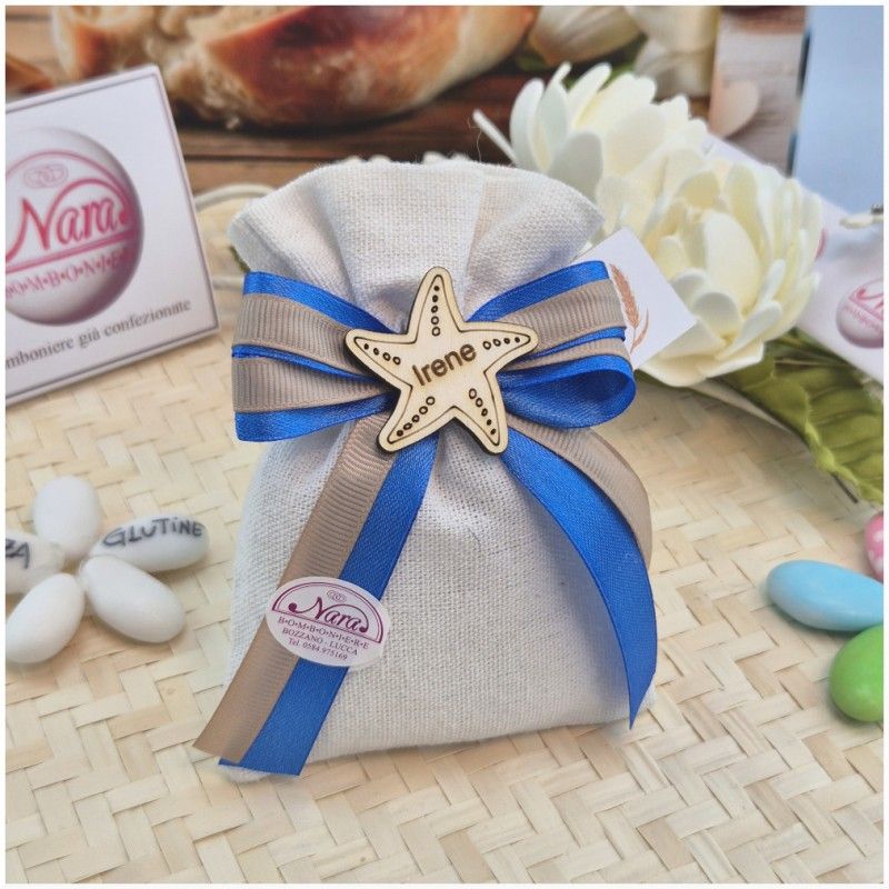 Bomboniera Comunione e Battesimo Sacchetto Lino Tema Mare con Stella in Legno e Nome Personalizzato