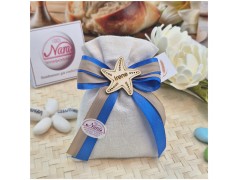 Bomboniera Comunione e Battesimo Sacchetto Lino Tema Mare con Stella in Legno e Nome Personalizzato