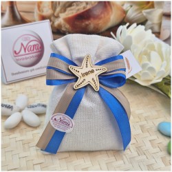 Bomboniera Comunione e Battesimo Sacchetto Lino Tema Mare con Stella in Legno e Nome Personalizzato