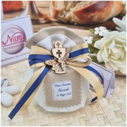 Bomboniera Prima Comunione Sacchetto Juta con Stampa Nome e Data e Calice Legno