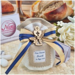 Bomboniera Prima Comunione Sacchetto Juta con Stampa Nome e Data e Calice Legno