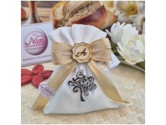 Bomboniera Laurea Sacchetto Raso Albero della Vita con Iniziale in Legno