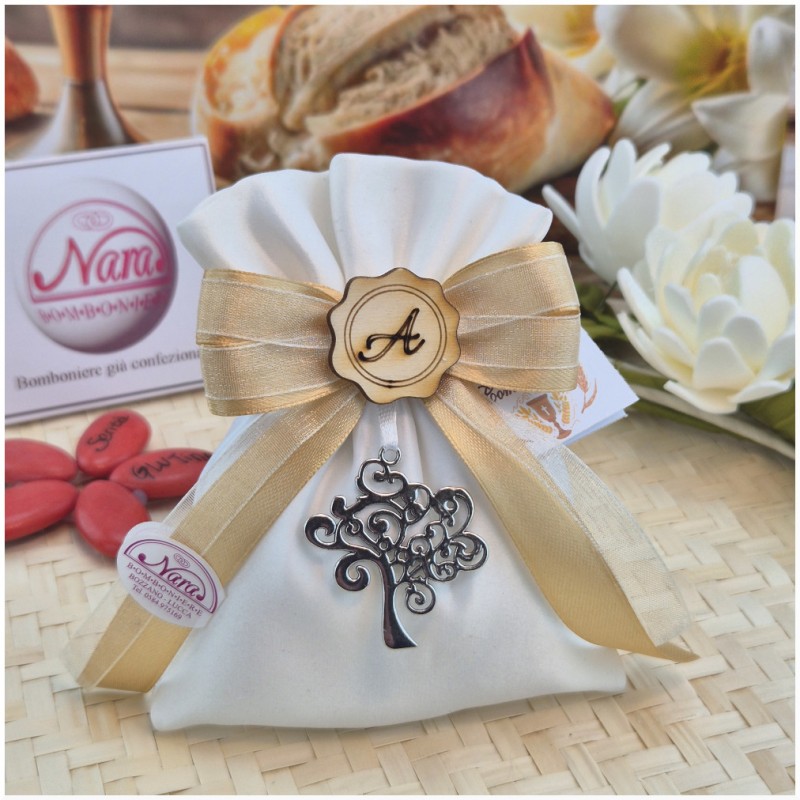 Bomboniera Laurea Sacchetto Raso Albero della Vita con Iniziale in Legno