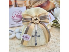 Bomboniera Cresima e Comunione Sacchetto Juta con Crocefisso e Iniziale Legno