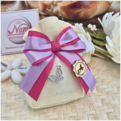 Bomboniera Comunione e Cresima Sacchetto Juta con Farfalla Strass e Iniziale