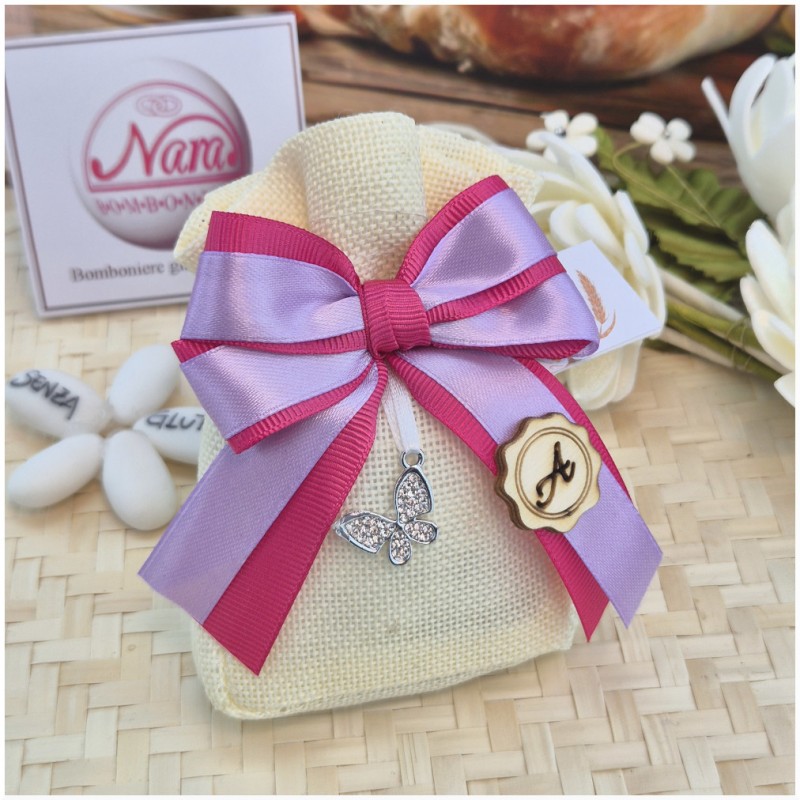 Bomboniera Comunione e Cresima Sacchetto Juta con Farfalla Strass e Iniziale