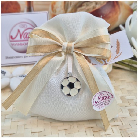 Bomboniera Prima Comunione Sacchetto "Calcio Elegant" con Ciondolo Pallone e Nastro Oro