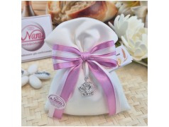 Bomboniera Comunione e Battesimo Sacchetto "Principessa" con Corona Strass e Nastro Rigato