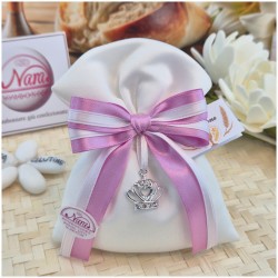 Bomboniera Comunione e Battesimo Sacchetto "Principessa" con Corona Strass e Nastro Rigato