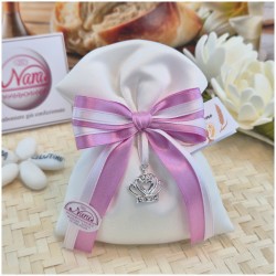 Bomboniera Comunione e Battesimo Sacchetto "Principessa" con Corona Strass e Nastro Rigato