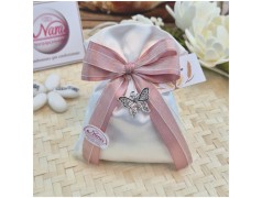 Bomboniera Comunione e Cresima Sacchetto Volo con Farfalla Strass e Nastro Rigato Rosa