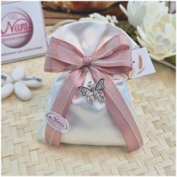 Bomboniera Comunione e Cresima Sacchetto Volo con Farfalla Strass e Nastro Rigato Rosa