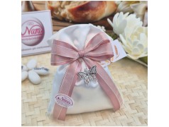 Bomboniera Comunione e Cresima Sacchetto Volo con Farfalla Strass e Nastro Rigato Rosa