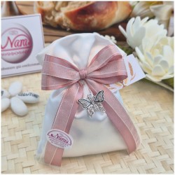 Bomboniera Comunione e Cresima Sacchetto Volo con Farfalla Strass e Nastro Rigato Rosa