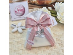 Bomboniera Comunione e Cresima Sacchetto Volo con Farfalla Strass e Nastro Rigato Rosa