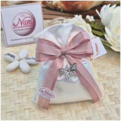 Bomboniera Comunione e Cresima Sacchetto Volo con Farfalla Strass e Nastro Rigato Rosa
