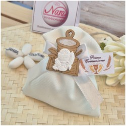 Bomboniera Prima Comunione Sacchetto Total White con Calice JHS in Legno e Resina