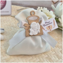 Bomboniera Prima Comunione Sacchetto Total White con Calice JHS in Legno e Resina