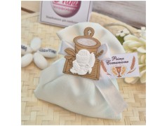 Bomboniera Prima Comunione Sacchetto Total White con Calice JHS in Legno e Resina