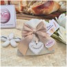 Bomboniera Comunione Sacchetto Shabby in Lino e Raso Oro con Cuore in Legno