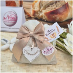 Bomboniera Comunione Sacchetto Shabby in Lino e Raso Oro con Cuore in Legno