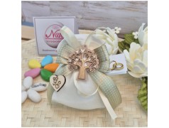 Bomboniera Matrimonio Sacchetto Country Chic Albero della Vita Legno e Nastro Salvia a Pois
