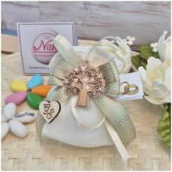 Bomboniera Matrimonio Sacchetto Country Chic Albero della Vita Legno e Nastro Salvia a Pois
