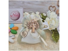 Bomboniera Matrimonio Sacchetto Country Chic Albero della Vita Legno e Nastro Salvia a Pois